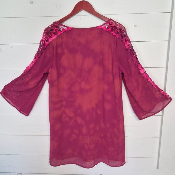 Umgee USA Womens Pink Tie-Dye Drrss W/ Crochet Sleeve Detail Bell Sleeves & Fron - Picture 7 of 8